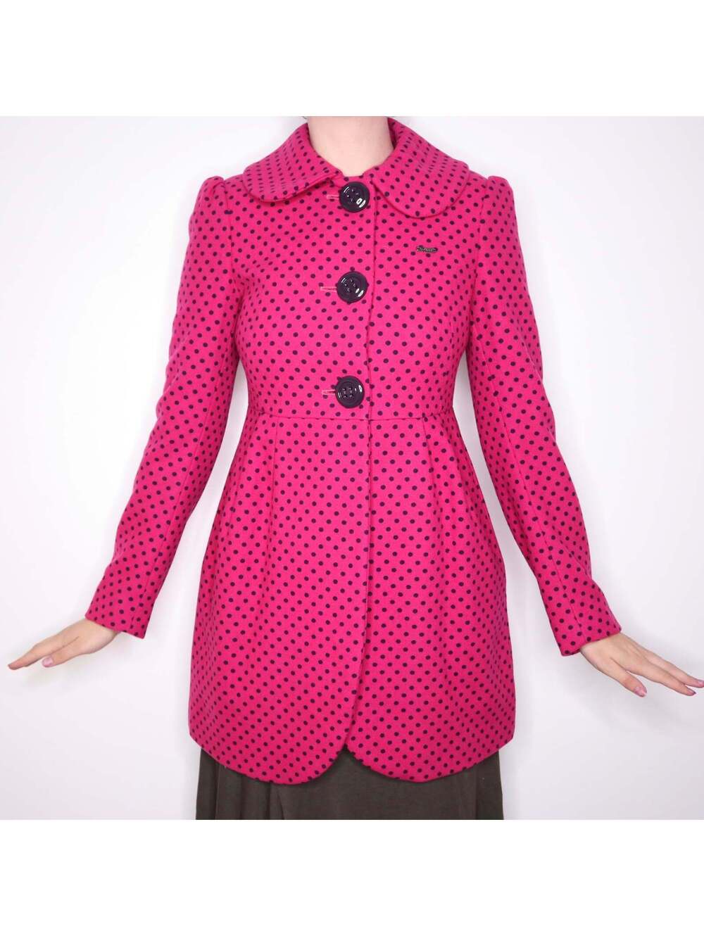 Y2K KILLAH Pink Polka Dotted Wool Blend Pea Coat (S)